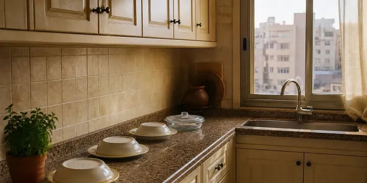 رخامة مطبخ فاضية والأكل متغطّى قبل زيارة المكافحة